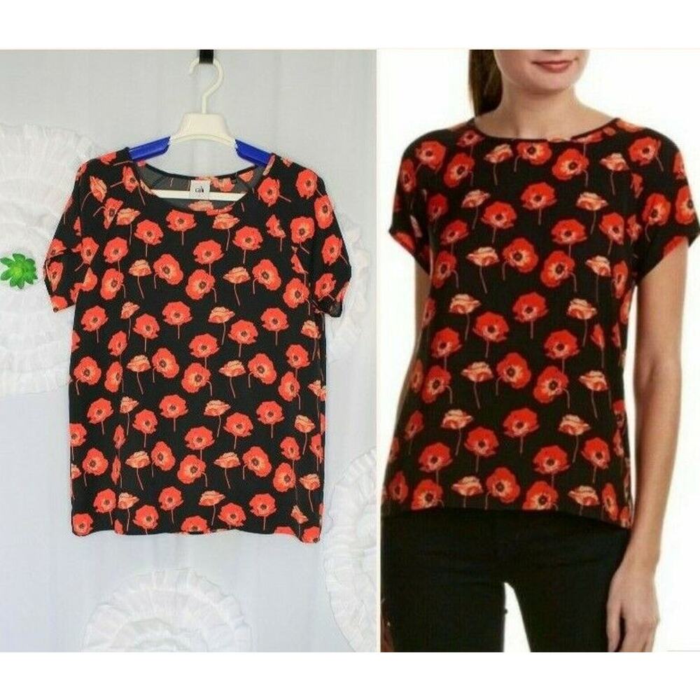 Cabi 3251 Flanders Poppy Flower Blouse Size Small Short Sleeve Open Overlap Back